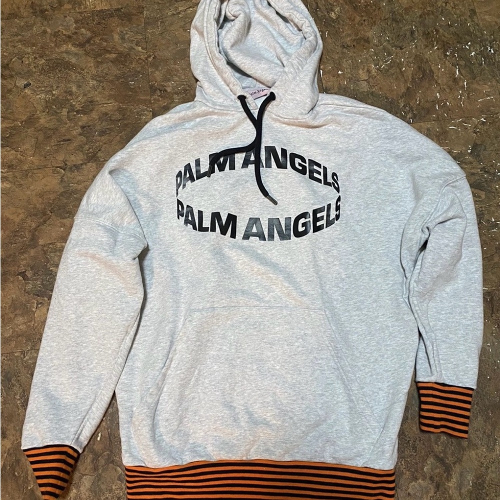 Palm Angels Light Gray Hoodie with Black and Orange Details